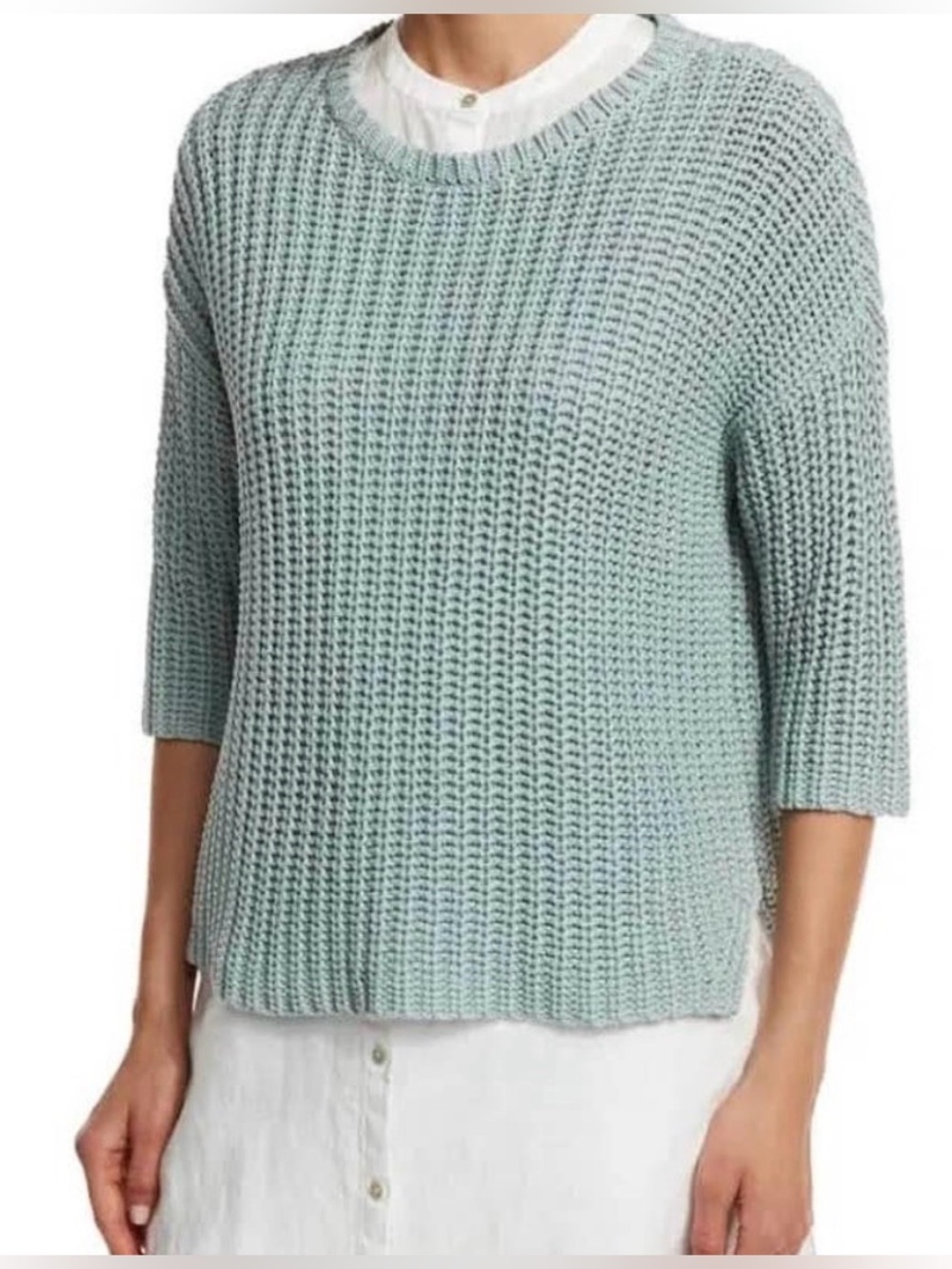 Lux Eileen Fisher Chunky Knit 3/4 Sleeve Sea Foam Green Sz M 100% Organic Cotton